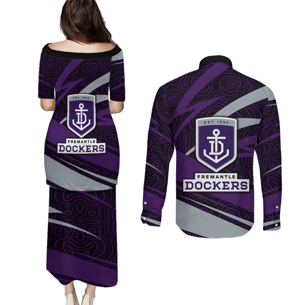 Fremantle Dockers Australian Football Couples Matching Puletasi and Long Sleeve Button Shirt Athletic Hero Mascot With Indigenous Pattern Art
