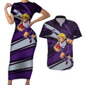 Fremantle Dockers Australian Football Couples Matching Short Sleeve Bodycon Dress and Hawaiian Shirt Athletic Hero Mascot With Indigenous Pattern Art