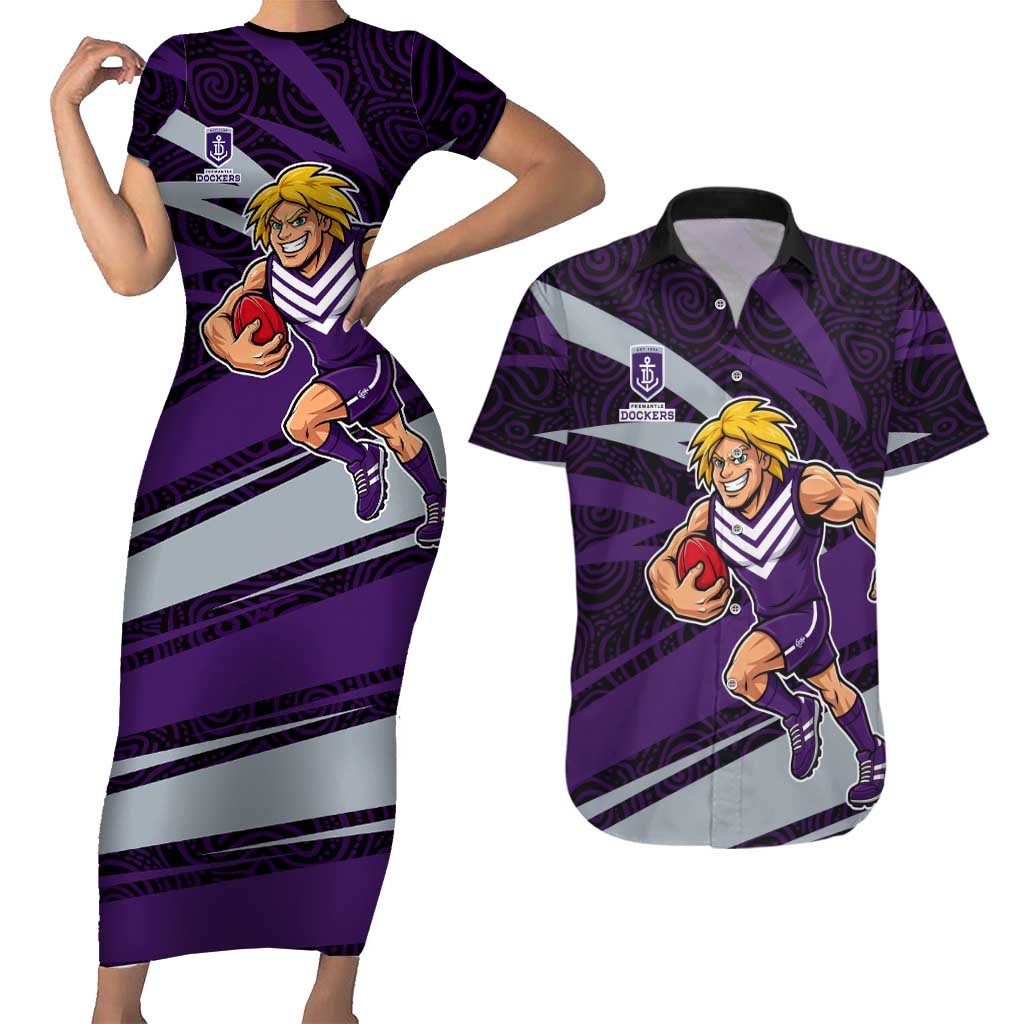 Fremantle Dockers Australian Football Couples Matching Short Sleeve Bodycon Dress and Hawaiian Shirt Athletic Hero Mascot With Indigenous Pattern Art