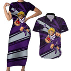 Fremantle Dockers Australian Football Couples Matching Short Sleeve Bodycon Dress and Hawaiian Shirt Athletic Hero Mascot With Indigenous Pattern Art