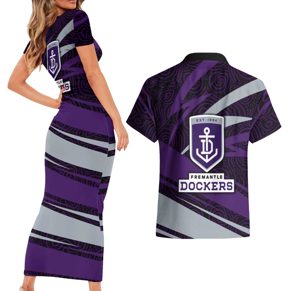 Fremantle Dockers Australian Football Couples Matching Short Sleeve Bodycon Dress and Hawaiian Shirt Athletic Hero Mascot With Indigenous Pattern Art