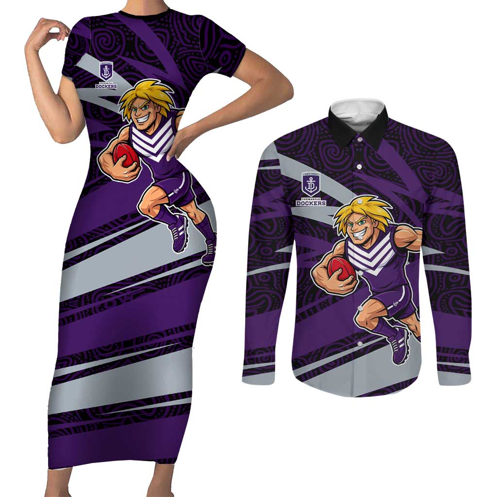 Fremantle Dockers Australian Football Couples Matching Short Sleeve Bodycon Dress and Long Sleeve Button Shirt Athletic Hero Mascot With Indigenous Pattern Art