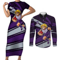 Fremantle Dockers Australian Football Couples Matching Short Sleeve Bodycon Dress and Long Sleeve Button Shirt Athletic Hero Mascot With Indigenous Pattern Art