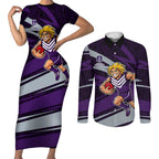 Fremantle Dockers Australian Football Couples Matching Short Sleeve Bodycon Dress and Long Sleeve Button Shirt Athletic Hero Mascot With Indigenous Pattern Art
