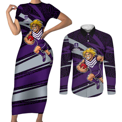 Fremantle Dockers Australian Football Couples Matching Short Sleeve Bodycon Dress and Long Sleeve Button Shirt Athletic Hero Mascot With Indigenous Pattern Art
