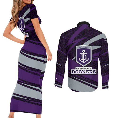 Fremantle Dockers Australian Football Couples Matching Short Sleeve Bodycon Dress and Long Sleeve Button Shirt Athletic Hero Mascot With Indigenous Pattern Art