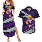 Fremantle Dockers Australian Football Couples Matching Summer Maxi Dress and Hawaiian Shirt Athletic Hero Mascot With Indigenous Pattern Art