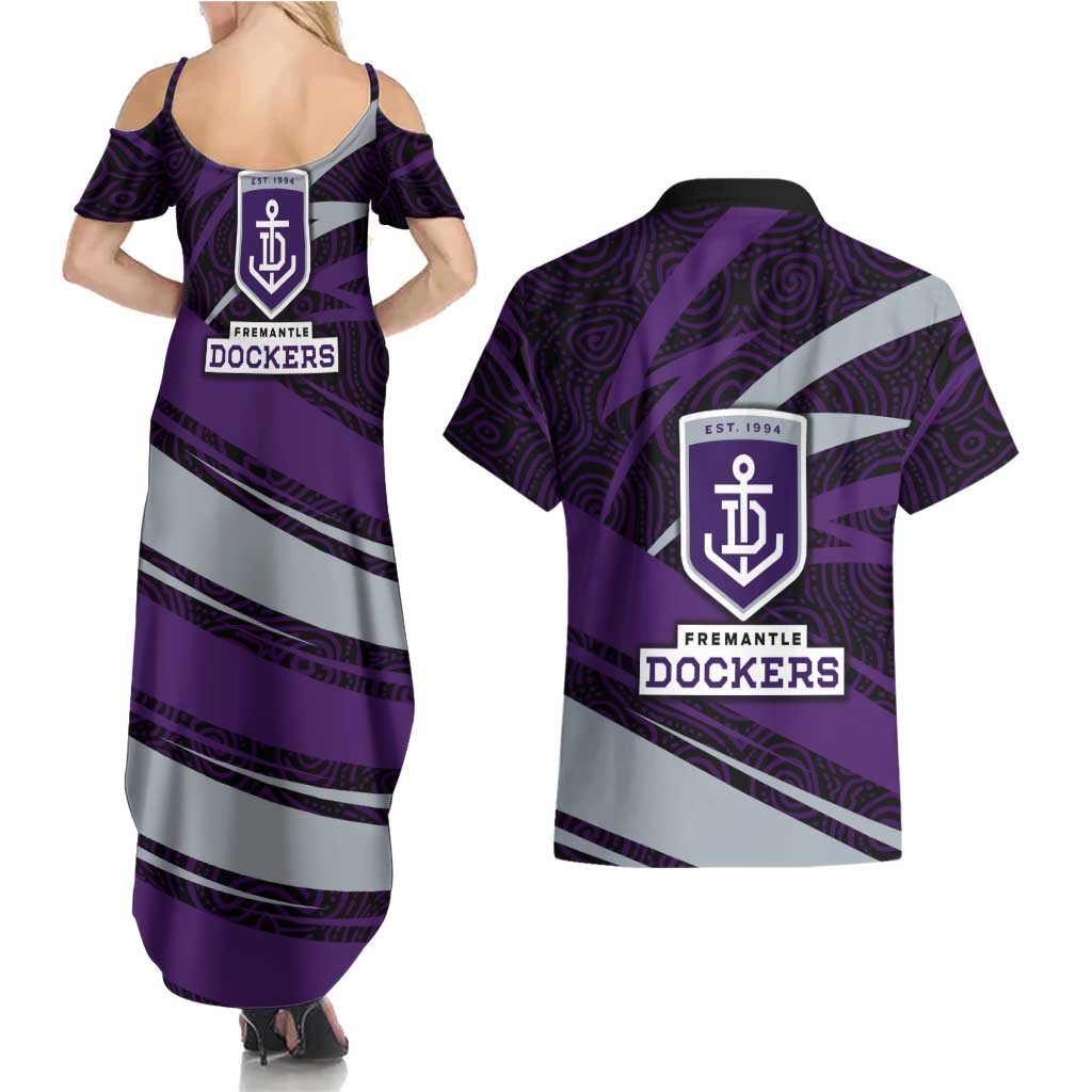 Fremantle Dockers Australian Football Couples Matching Summer Maxi Dress and Hawaiian Shirt Athletic Hero Mascot With Indigenous Pattern Art