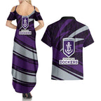 Fremantle Dockers Australian Football Couples Matching Summer Maxi Dress and Hawaiian Shirt Athletic Hero Mascot With Indigenous Pattern Art