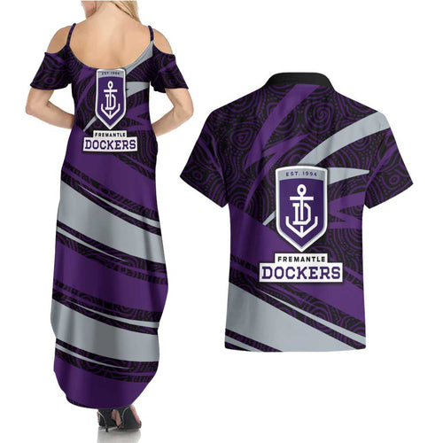 Fremantle Dockers Australian Football Couples Matching Summer Maxi Dress and Hawaiian Shirt Athletic Hero Mascot With Indigenous Pattern Art