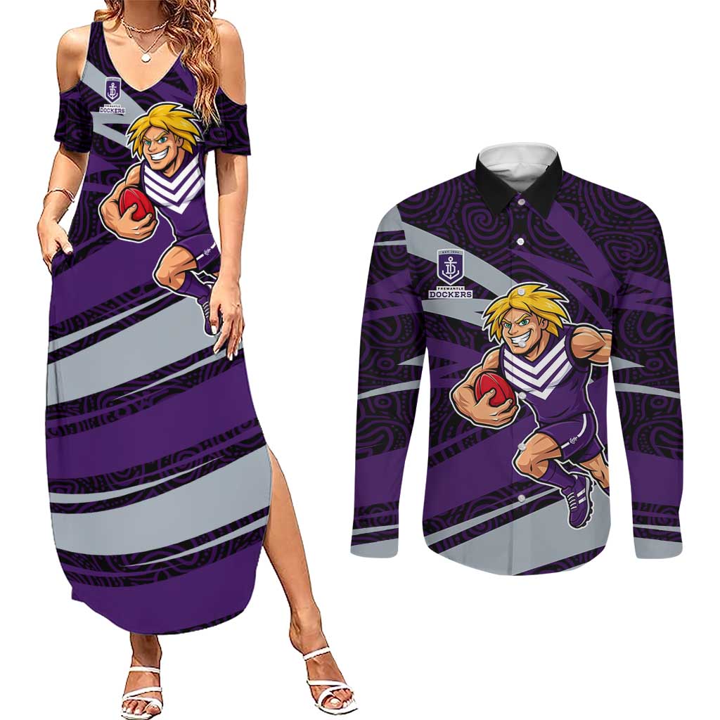 Fremantle Dockers Australian Football Couples Matching Summer Maxi Dress and Long Sleeve Button Shirt Athletic Hero Mascot With Indigenous Pattern Art