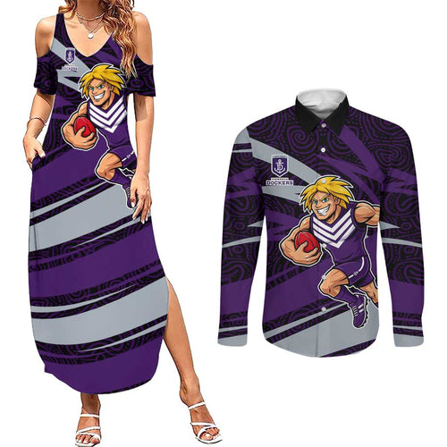 Fremantle Dockers Australian Football Couples Matching Summer Maxi Dress and Long Sleeve Button Shirt Athletic Hero Mascot With Indigenous Pattern Art