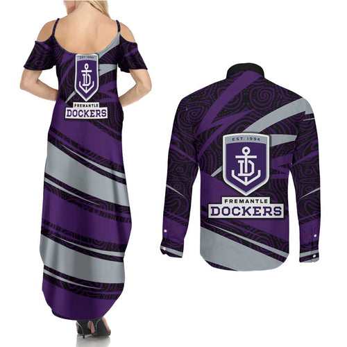 Fremantle Dockers Australian Football Couples Matching Summer Maxi Dress and Long Sleeve Button Shirt Athletic Hero Mascot With Indigenous Pattern Art