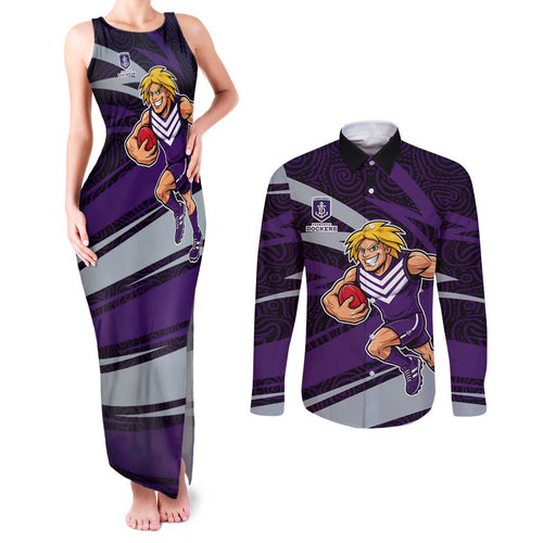 Fremantle Dockers Australian Football Couples Matching Tank Maxi Dress and Long Sleeve Button Shirt Athletic Hero Mascot With Indigenous Pattern Art