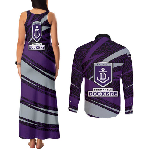 Fremantle Dockers Australian Football Couples Matching Tank Maxi Dress and Long Sleeve Button Shirt Athletic Hero Mascot With Indigenous Pattern Art