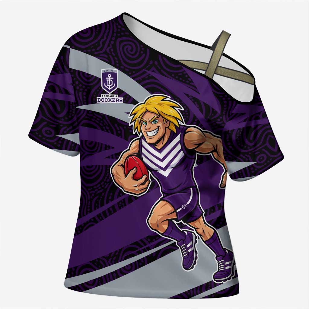 Fremantle Dockers Australian Football Cross Shoulder Shirt Athletic Hero Mascot With Indigenous Pattern Art