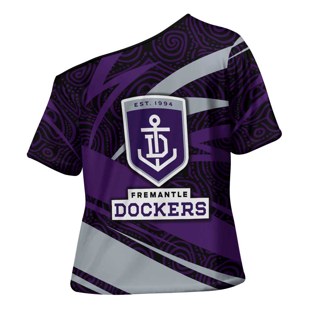 Fremantle Dockers Australian Football Cross Shoulder Shirt Athletic Hero Mascot With Indigenous Pattern Art