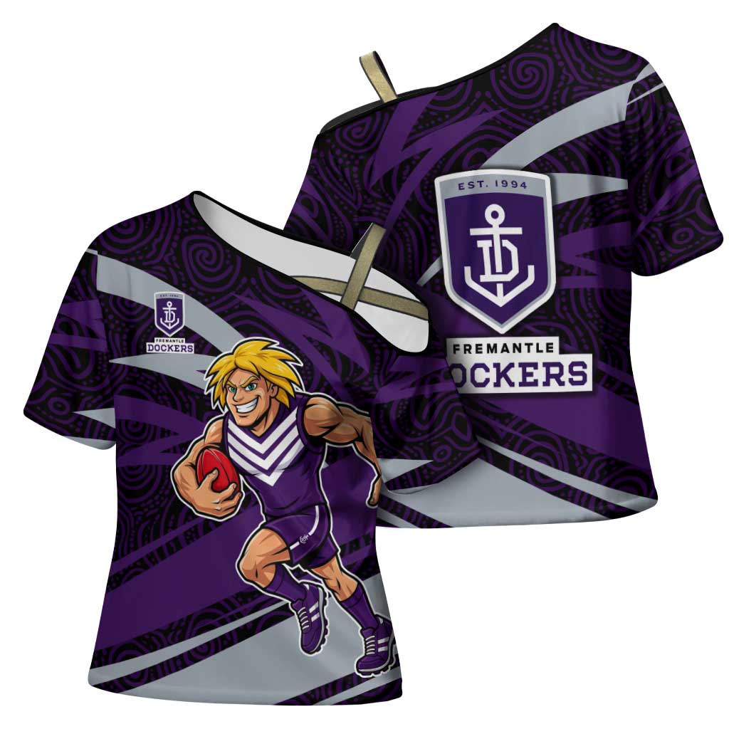 Fremantle Dockers Australian Football Cross Shoulder Shirt Athletic Hero Mascot With Indigenous Pattern Art