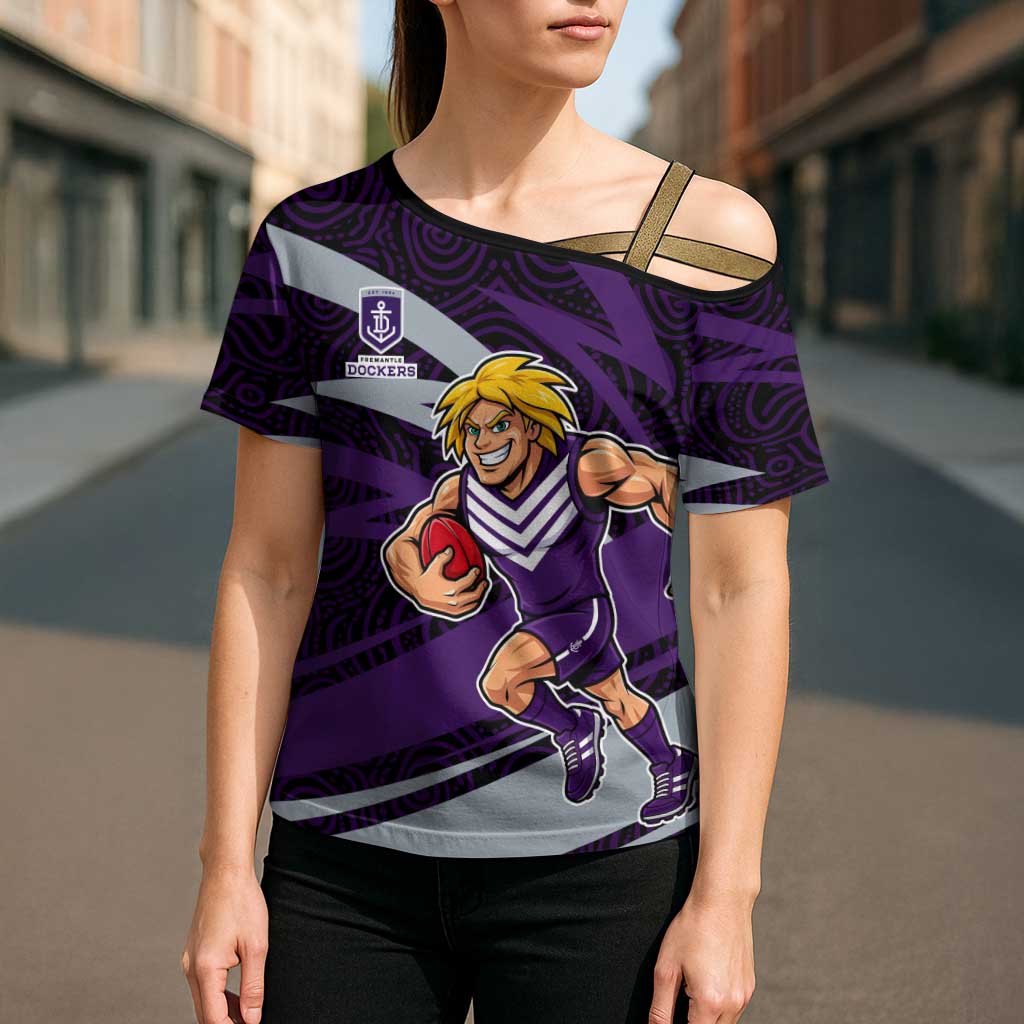 Fremantle Dockers Australian Football Cross Shoulder Shirt Athletic Hero Mascot With Indigenous Pattern Art