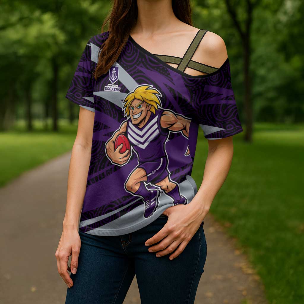 Fremantle Dockers Australian Football Cross Shoulder Shirt Athletic Hero Mascot With Indigenous Pattern Art