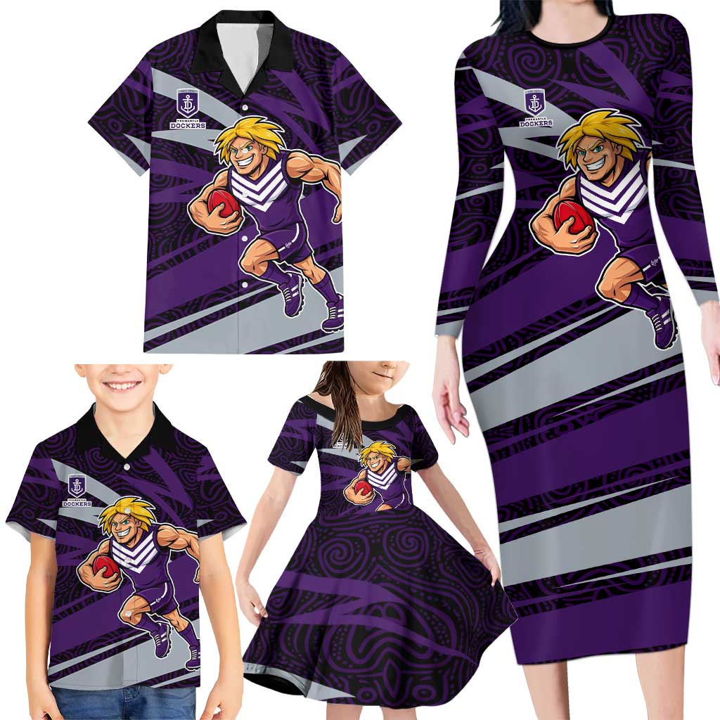Fremantle Dockers Australian Football Family Matching Long Sleeve Bodycon Dress and Hawaiian Shirt Athletic Hero Mascot With Indigenous Pattern Art