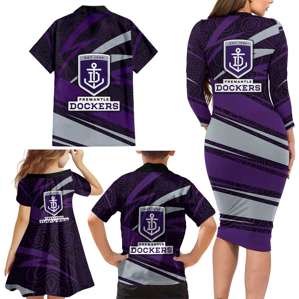 Fremantle Dockers Australian Football Family Matching Long Sleeve Bodycon Dress and Hawaiian Shirt Athletic Hero Mascot With Indigenous Pattern Art