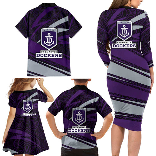 Fremantle Dockers Australian Football Family Matching Long Sleeve Bodycon Dress and Hawaiian Shirt Athletic Hero Mascot With Indigenous Pattern Art