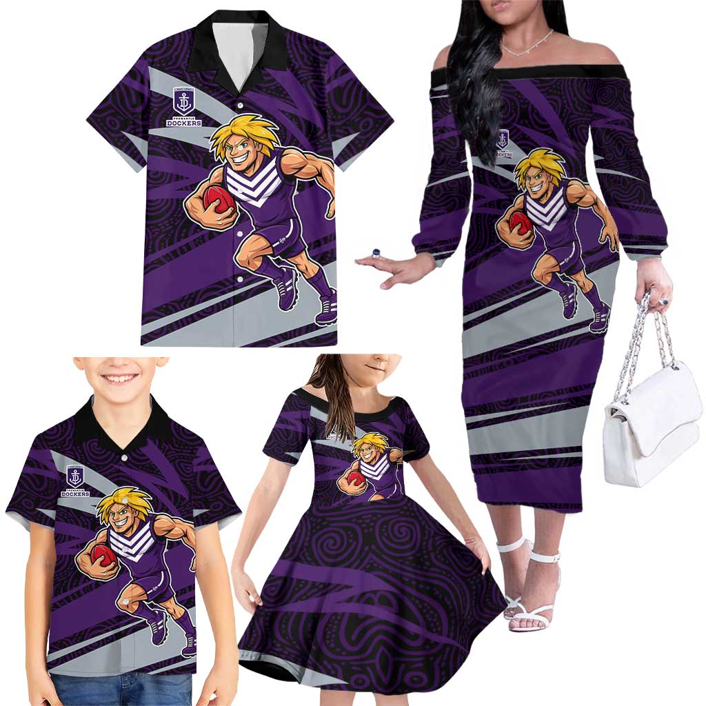 Fremantle Dockers Australian Football Family Matching Off The Shoulder Long Sleeve Dress and Hawaiian Shirt Athletic Hero Mascot With Indigenous Pattern Art