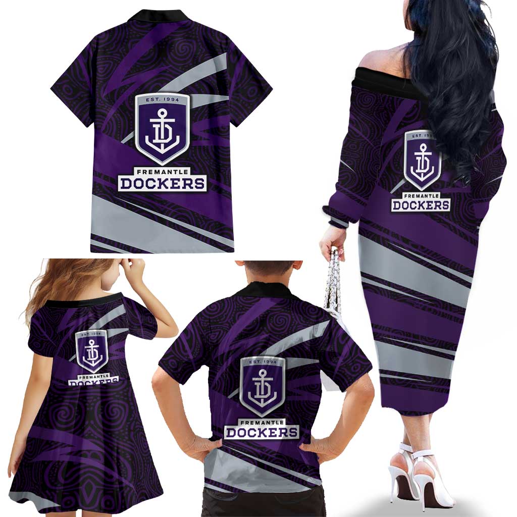 Fremantle Dockers Australian Football Family Matching Off The Shoulder Long Sleeve Dress and Hawaiian Shirt Athletic Hero Mascot With Indigenous Pattern Art