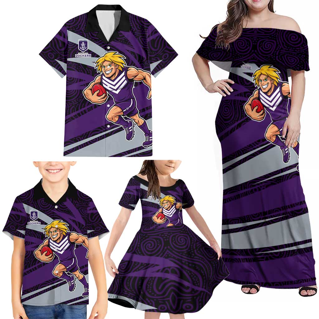 Fremantle Dockers Australian Football Family Matching Off Shoulder Maxi Dress and Hawaiian Shirt Athletic Hero Mascot With Indigenous Pattern Art