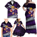 Fremantle Dockers Australian Football Family Matching Off Shoulder Maxi Dress and Hawaiian Shirt Athletic Hero Mascot With Indigenous Pattern Art
