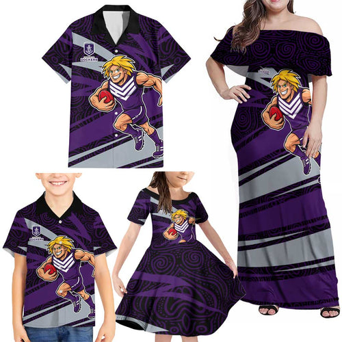 Fremantle Dockers Australian Football Family Matching Off Shoulder Maxi Dress and Hawaiian Shirt Athletic Hero Mascot With Indigenous Pattern Art