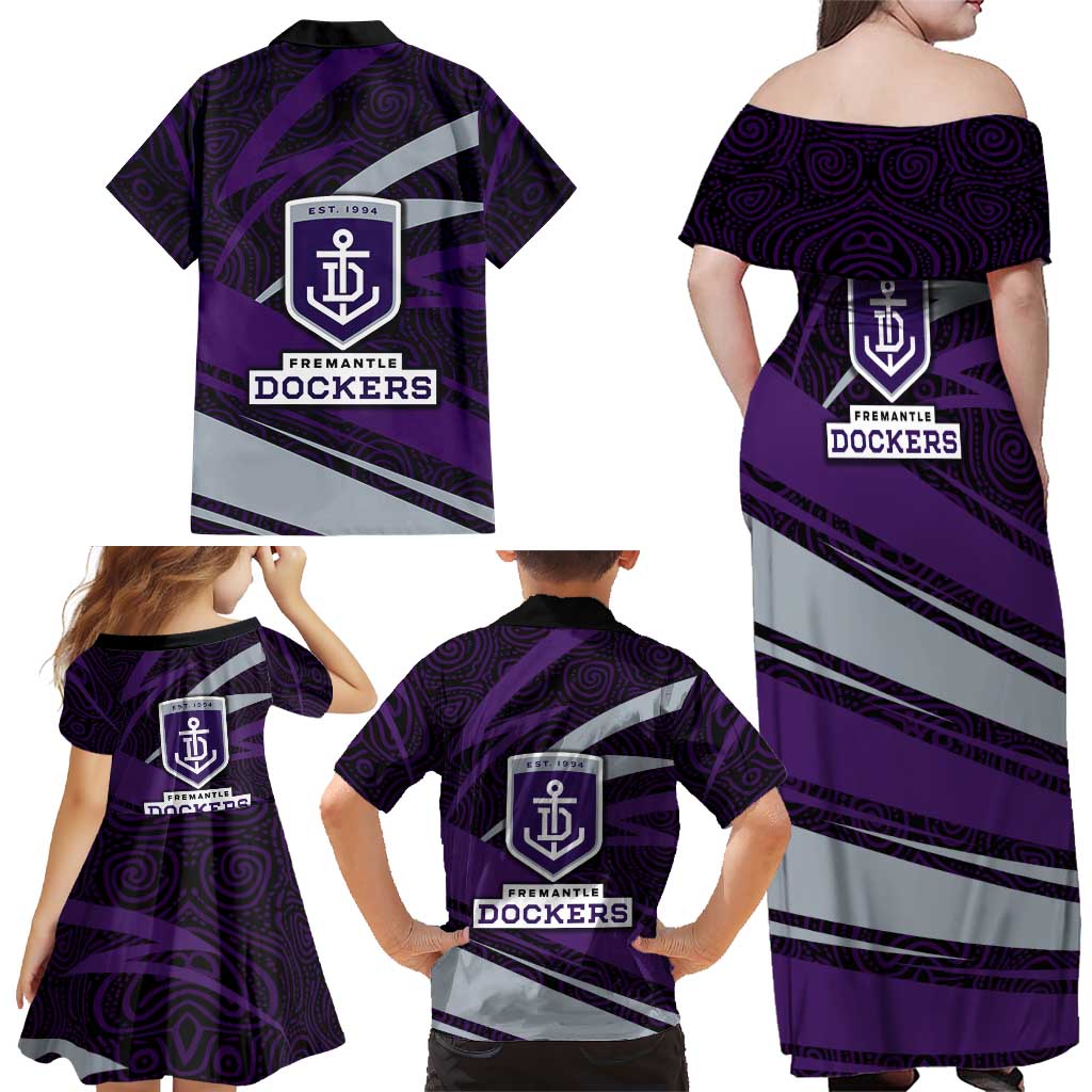 Fremantle Dockers Australian Football Family Matching Off Shoulder Maxi Dress and Hawaiian Shirt Athletic Hero Mascot With Indigenous Pattern Art