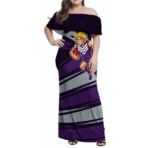 Fremantle Dockers Australian Football Family Matching Off Shoulder Maxi Dress and Hawaiian Shirt Athletic Hero Mascot With Indigenous Pattern Art