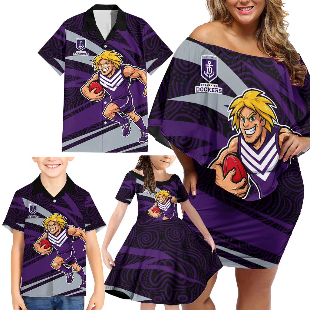Fremantle Dockers Australian Football Family Matching Off Shoulder Short Dress and Hawaiian Shirt Athletic Hero Mascot With Indigenous Pattern Art