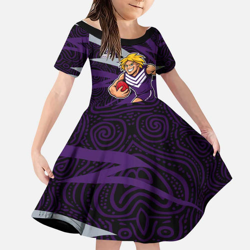 Fremantle Dockers Australian Football Family Matching Off Shoulder Short Dress and Hawaiian Shirt Athletic Hero Mascot With Indigenous Pattern Art