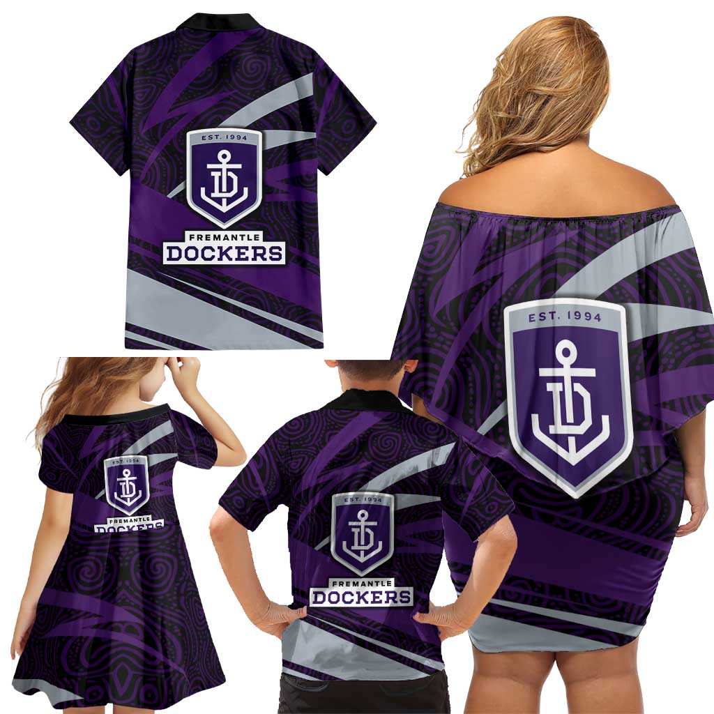Fremantle Dockers Australian Football Family Matching Off Shoulder Short Dress and Hawaiian Shirt Athletic Hero Mascot With Indigenous Pattern Art