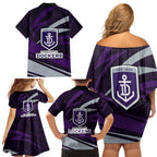 Fremantle Dockers Australian Football Family Matching Off Shoulder Short Dress and Hawaiian Shirt Athletic Hero Mascot With Indigenous Pattern Art