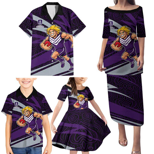 Fremantle Dockers Australian Football Family Matching Puletasi and Hawaiian Shirt Athletic Hero Mascot With Indigenous Pattern Art