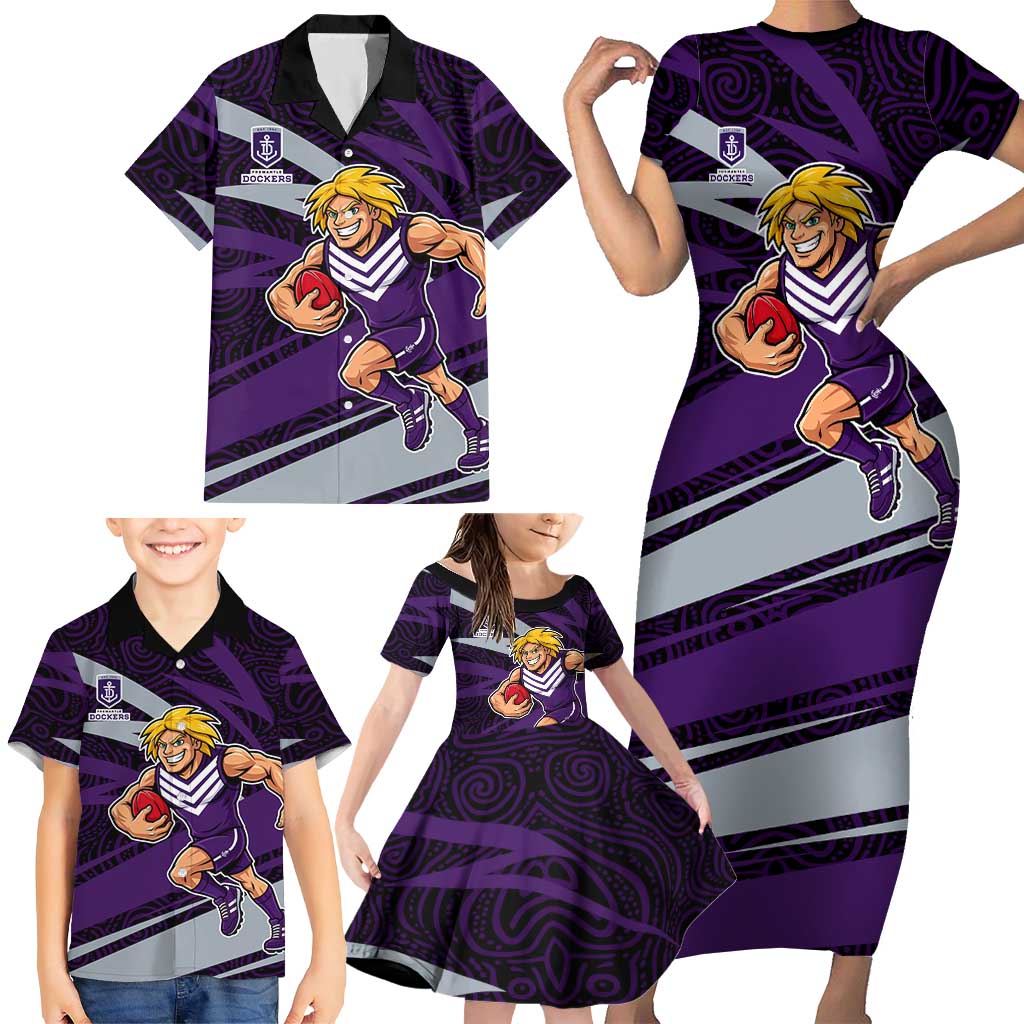 Fremantle Dockers Australian Football Family Matching Short Sleeve Bodycon Dress and Hawaiian Shirt Athletic Hero Mascot With Indigenous Pattern Art
