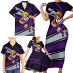Fremantle Dockers Australian Football Family Matching Short Sleeve Bodycon Dress and Hawaiian Shirt Athletic Hero Mascot With Indigenous Pattern Art