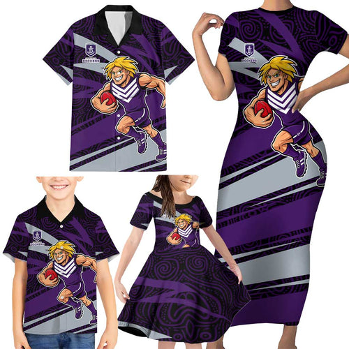 Fremantle Dockers Australian Football Family Matching Short Sleeve Bodycon Dress and Hawaiian Shirt Athletic Hero Mascot With Indigenous Pattern Art