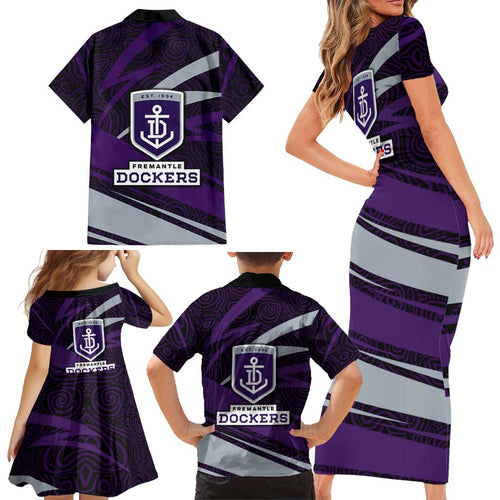 Fremantle Dockers Australian Football Family Matching Short Sleeve Bodycon Dress and Hawaiian Shirt Athletic Hero Mascot With Indigenous Pattern Art