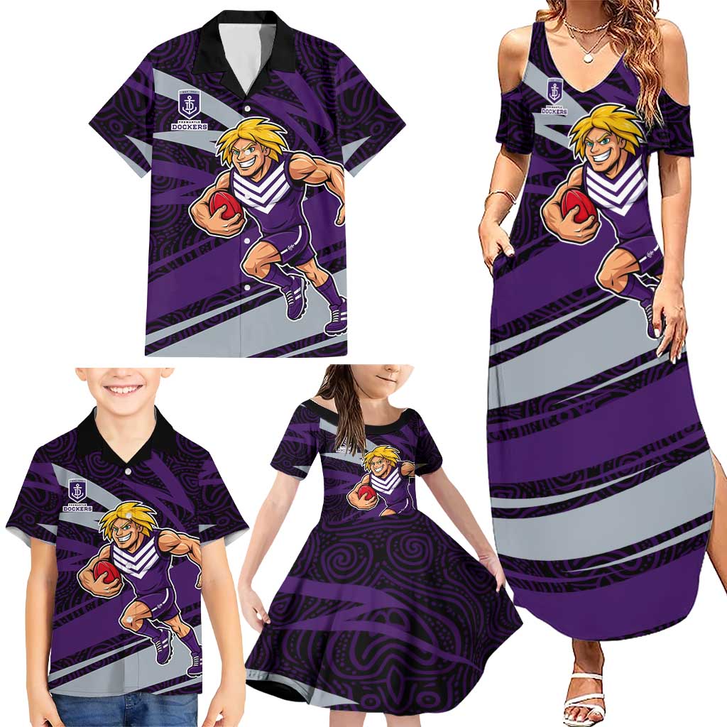 Fremantle Dockers Australian Football Family Matching Summer Maxi Dress and Hawaiian Shirt Athletic Hero Mascot With Indigenous Pattern Art