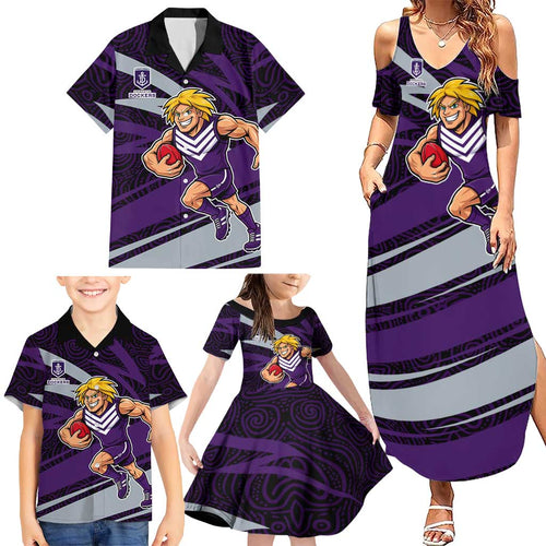 Fremantle Dockers Australian Football Family Matching Summer Maxi Dress and Hawaiian Shirt Athletic Hero Mascot With Indigenous Pattern Art