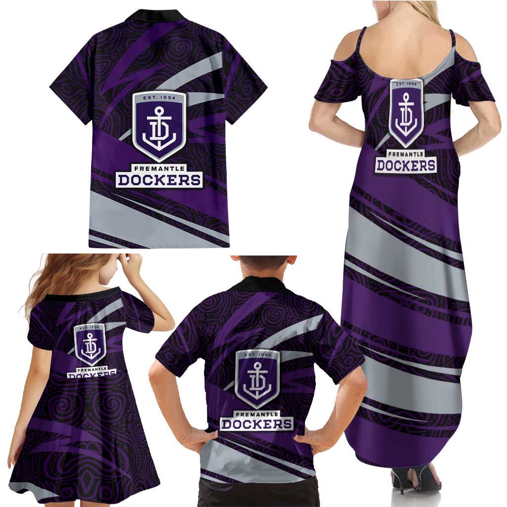 Fremantle Dockers Australian Football Family Matching Summer Maxi Dress and Hawaiian Shirt Athletic Hero Mascot With Indigenous Pattern Art