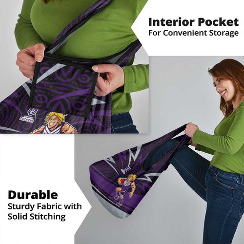 Fremantle Dockers Australian Football Grocery Bag Athletic Hero Mascot With Indigenous Pattern Art