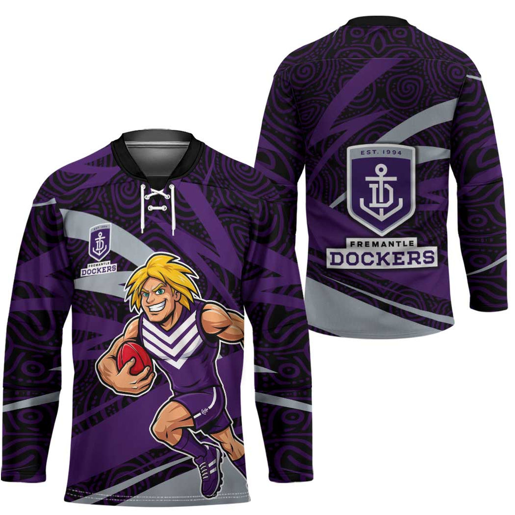 Fremantle Dockers Australian Football Hockey Jersey Athletic Hero Mascot With Indigenous Pattern Art
