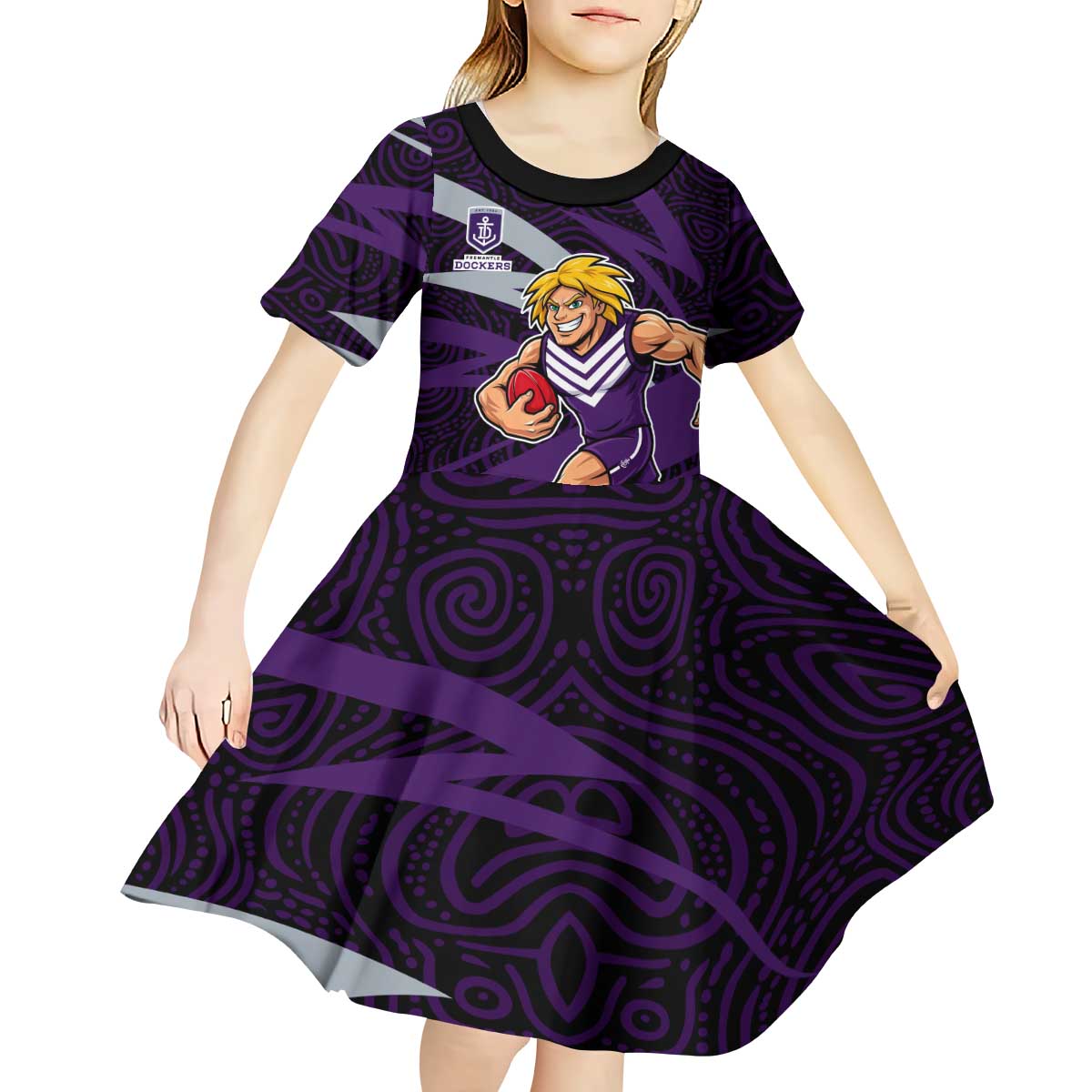 Fremantle Dockers Australian Football Kid Short Sleeve Dress Athletic Hero Mascot With Indigenous Pattern Art