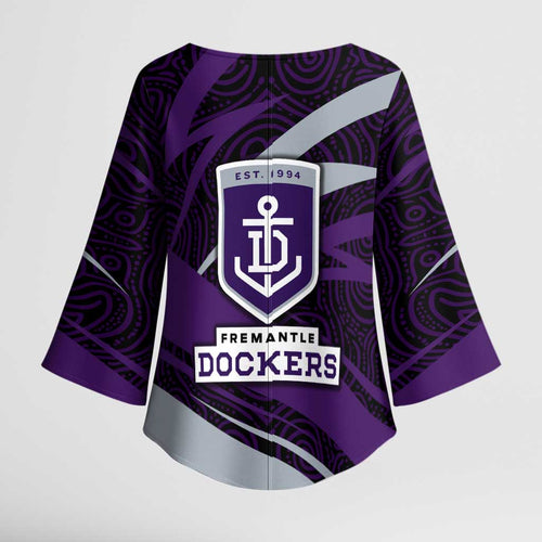 Fremantle Dockers Australian Football Kimono Sleeve Blouse Athletic Hero Mascot With Indigenous Pattern Art